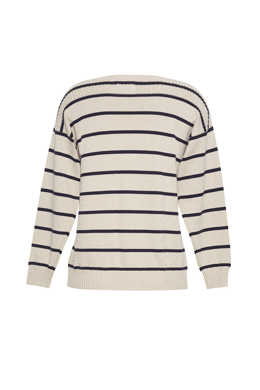 The Callie Boatneck Striped Sweater | Latte and Navy