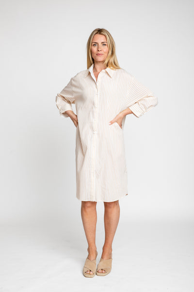 The Wide Striped Oxford Dress | Sand + White