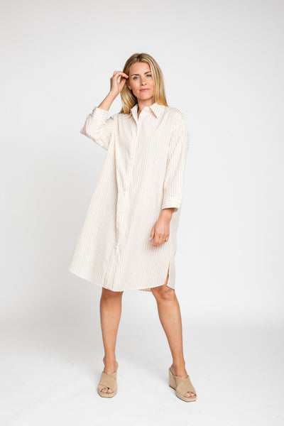 The Wide Striped Oxford Dress | Sand + White