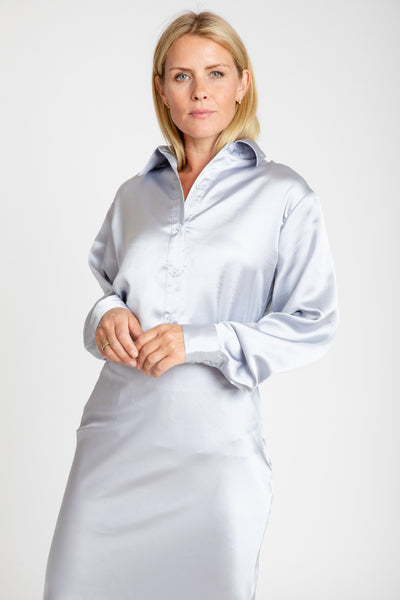 The Lily Satin Button-Up Shirt | Silver