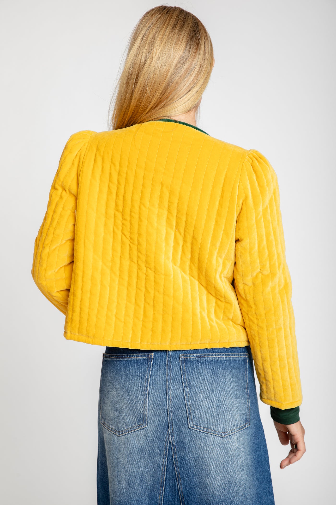 The Clara Quilted Jacket | Mustard with Green Trim