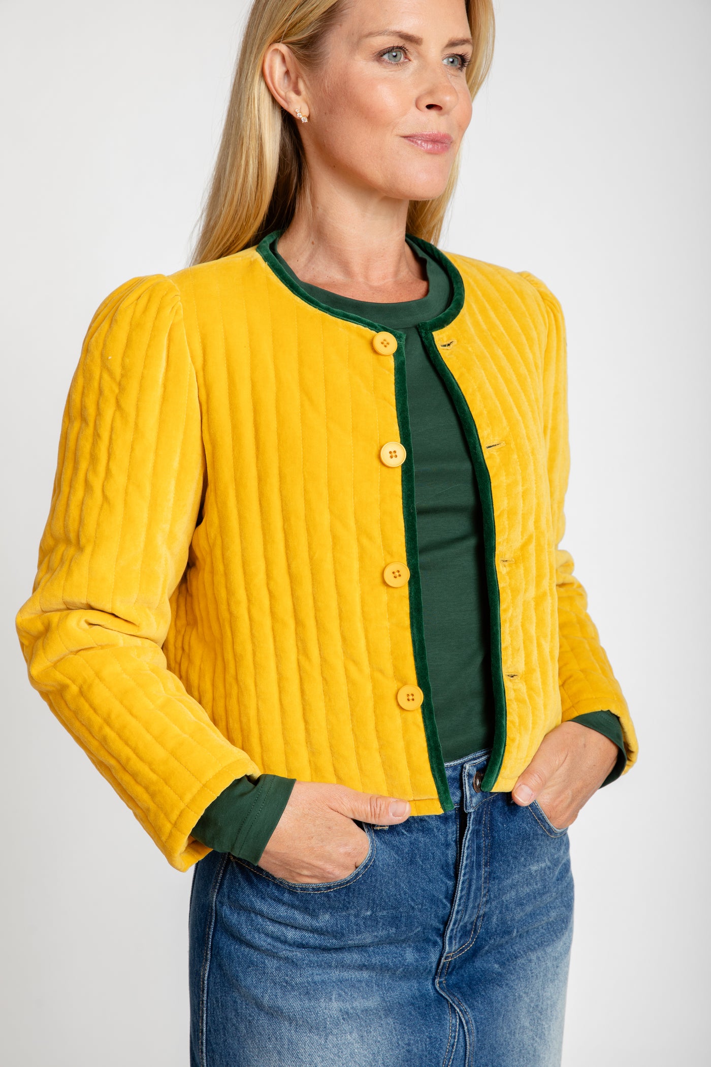 The Clara Quilted Jacket | Mustard with Green Trim