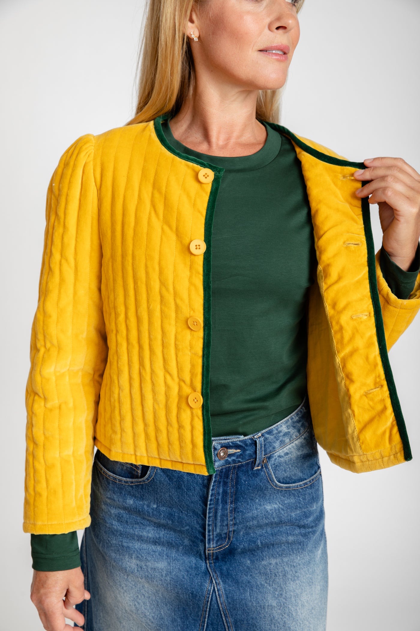 Burgess Sweaters The Clara Quilted Jacket Mustard with Green Trim M