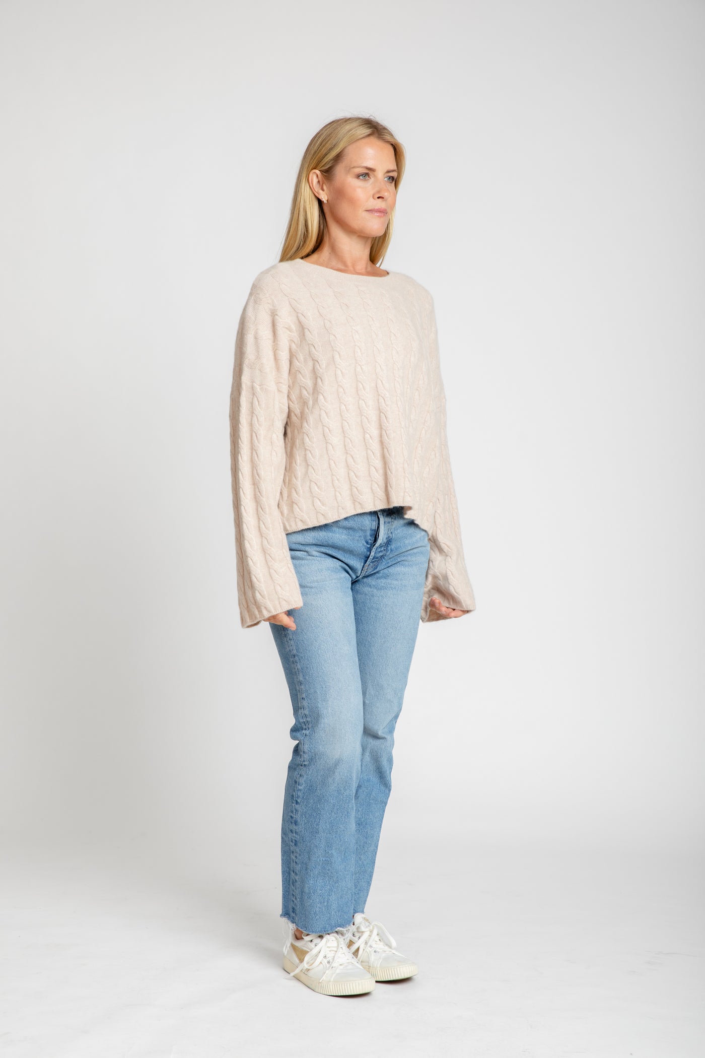 The Sadie Cashmere Bell Sleeve Crew Sweater | Wheat