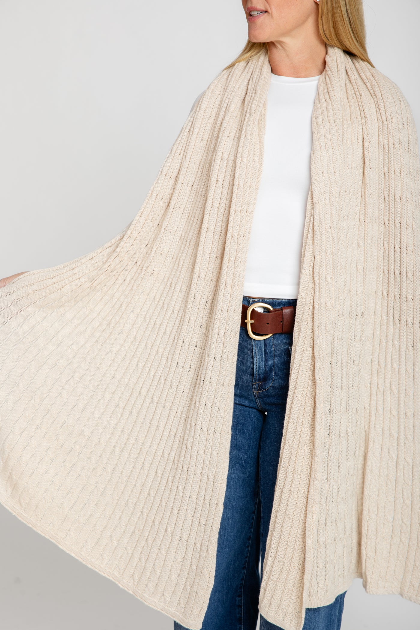 The Wrap Cable Knit Wrap Sweater Latte Burgess Sweaters