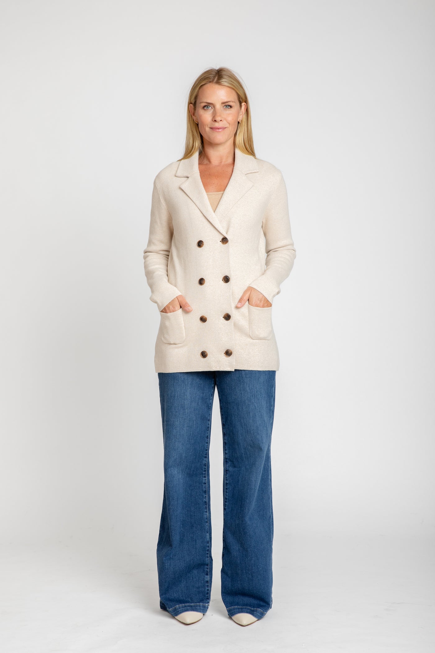 The Milan Double-Breasted Knit Blazer in Latte | Burgess Sweaters