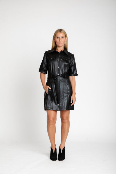 The Vera Belted Leather Dress | Black